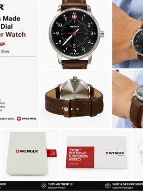 Wenger Brown Leather Strap Men's Watch - Black Dial